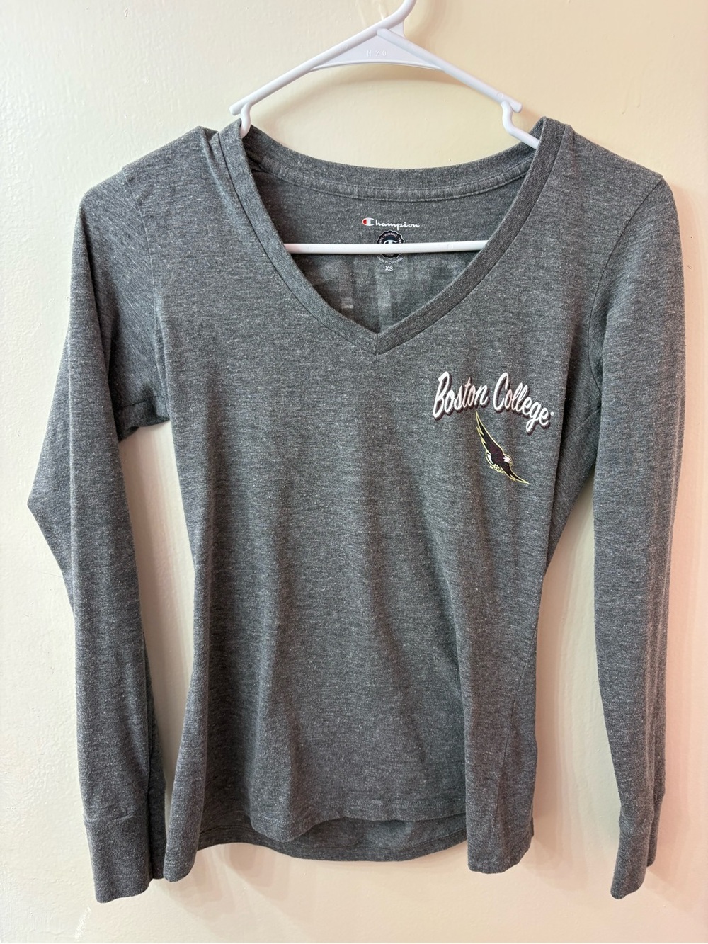 Champion Women's Gray Boston College V-Neck Long Sleeve Top